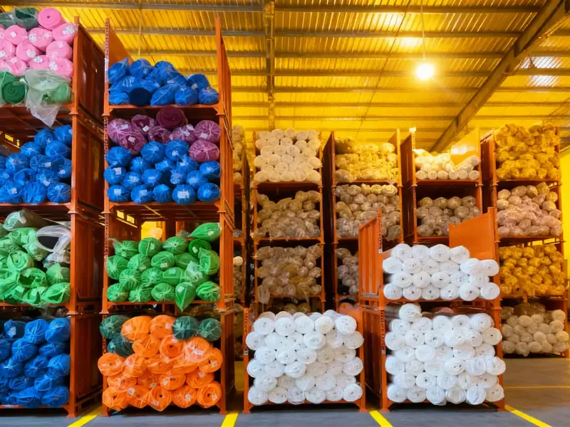 Stackable Fabric Roll Racks in Warehouse