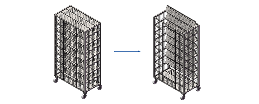 Diagram showing foldable shelf structure of a poultry transport cage trolley for easier loading and unloading