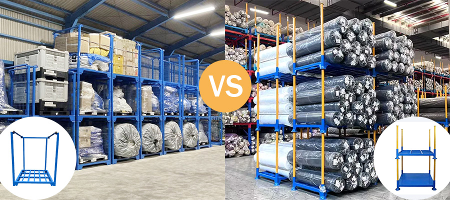 Nestable stacking rack compared with a post pallet stacking rack in compact empty storage conditions